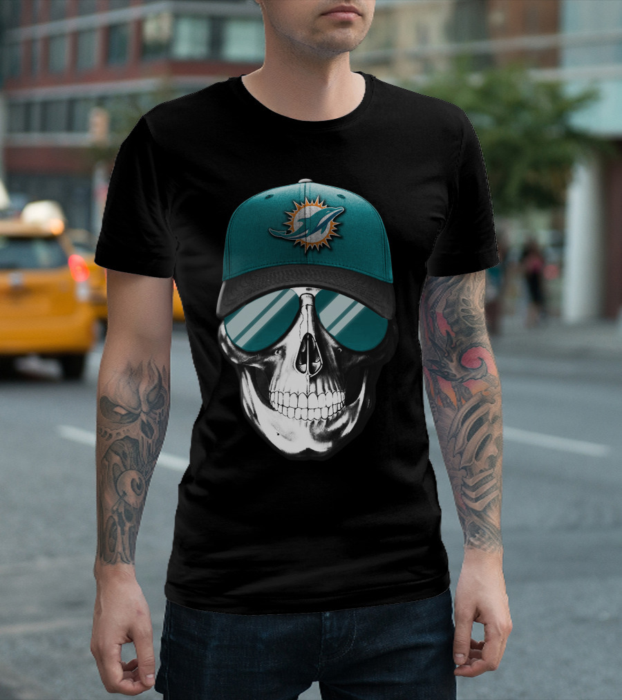 Skull with Miami Dolphins Hat and Sunglasses T-Shirt