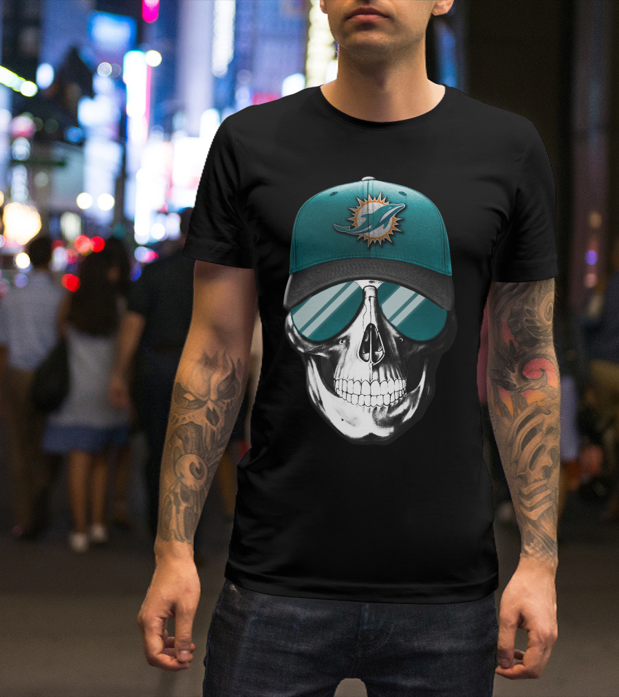 Skull With Miami Dolphins Hat And Sunglasses T-Shirt