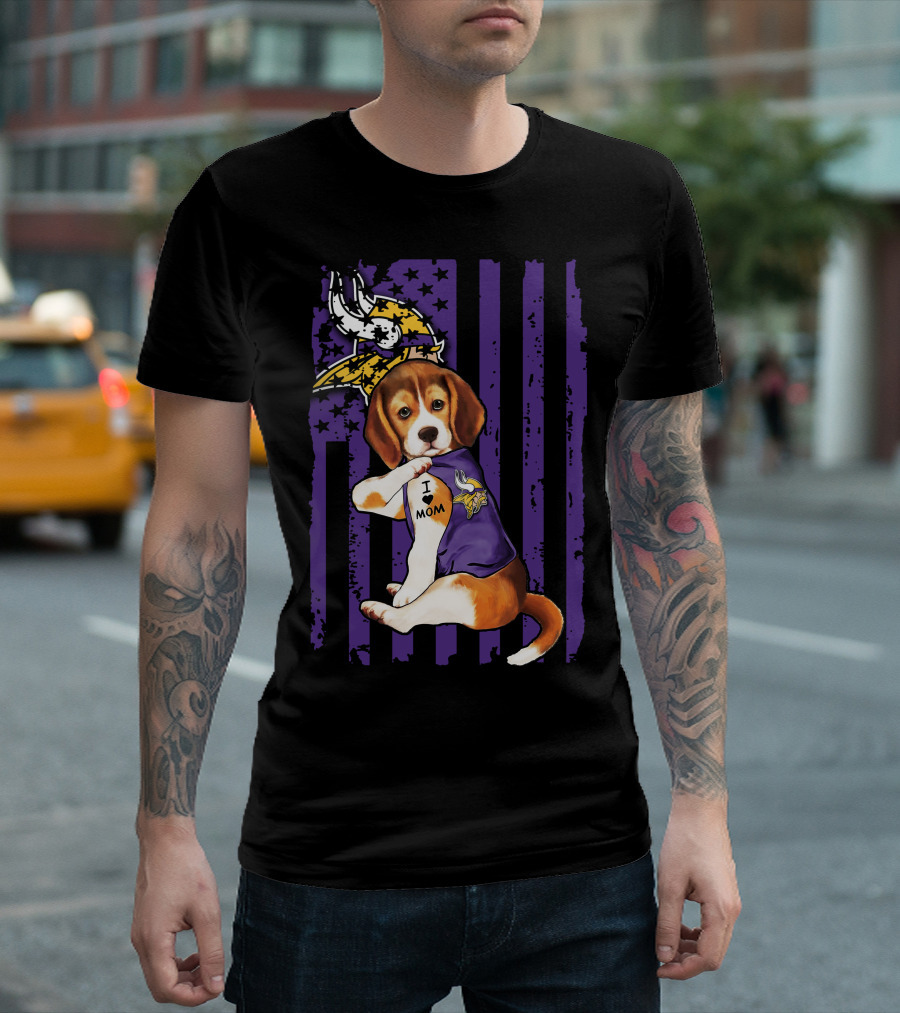 Beagle I Love Mom Minnesota Vikings Purple Flag T-Shirt