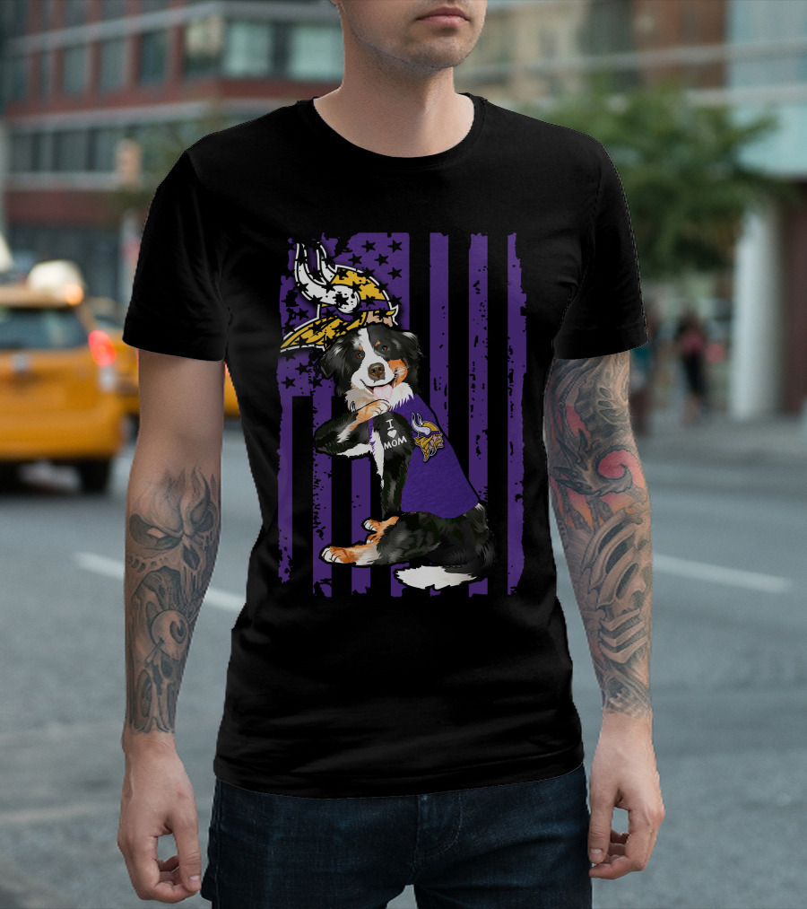 I Love Mom Border Collie with Minnesota Vikings Flag Background T-Shirt
