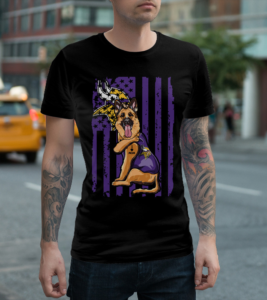 German Shepherd Minnesota Vikings Dog Wearing Jersey With Vikings Logo And I Love Mom Tattoo T-Shirt