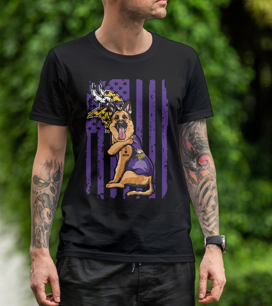 German Shepherd Minnesota Vikings Dog Wearing Jersey With Vikings Logo And I Love Mom Tattoo T-Shirt