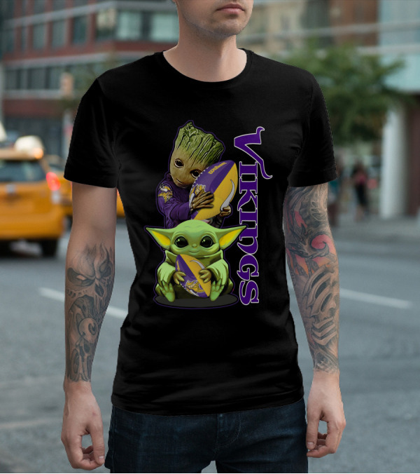 Grzd Minnesota Vikings Groot And Baby Yoda Football Fan T-Shirt