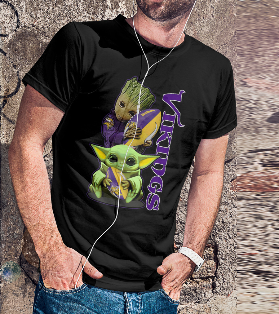 Grzd Minnesota Vikings Groot And Baby Yoda Football Fan T-Shirt