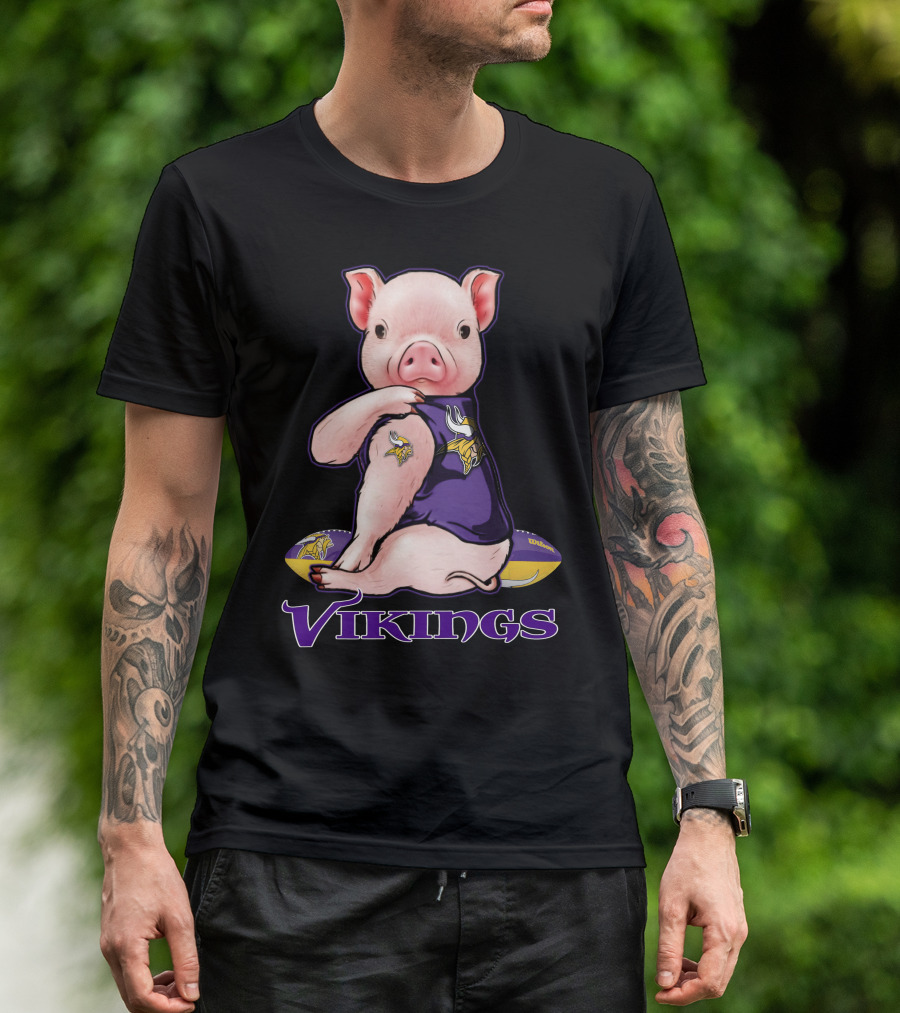 Pig In Minnesota Vikings Jersey With Football T-Shirt
