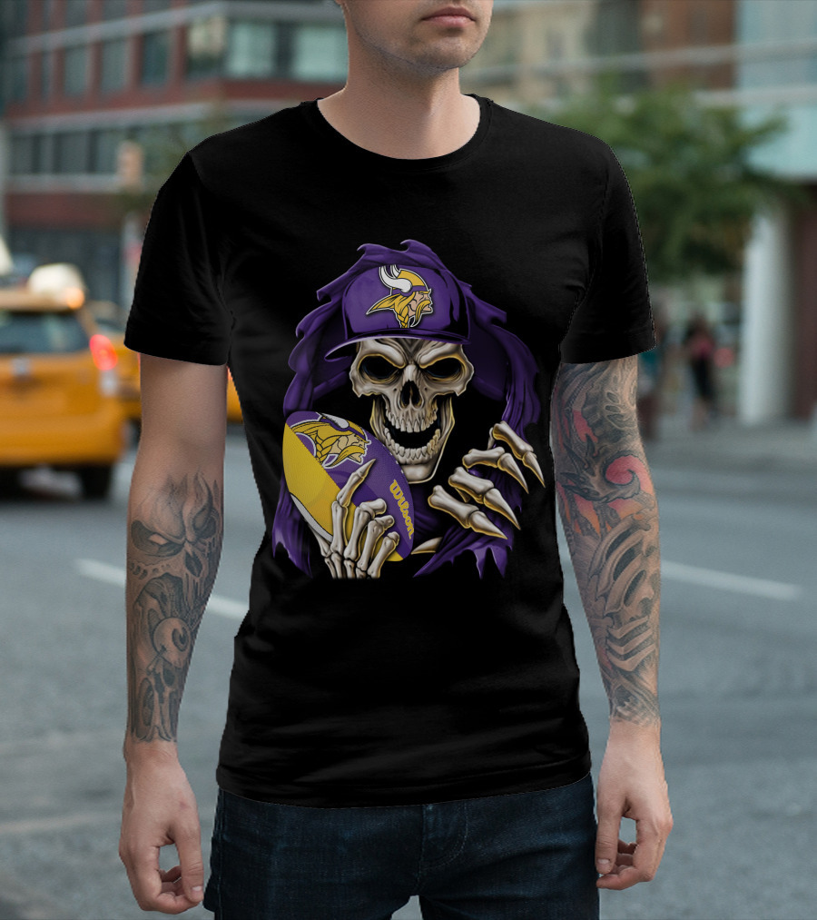 Minnesota Vikings Skull With Football And Cap T-Shirt