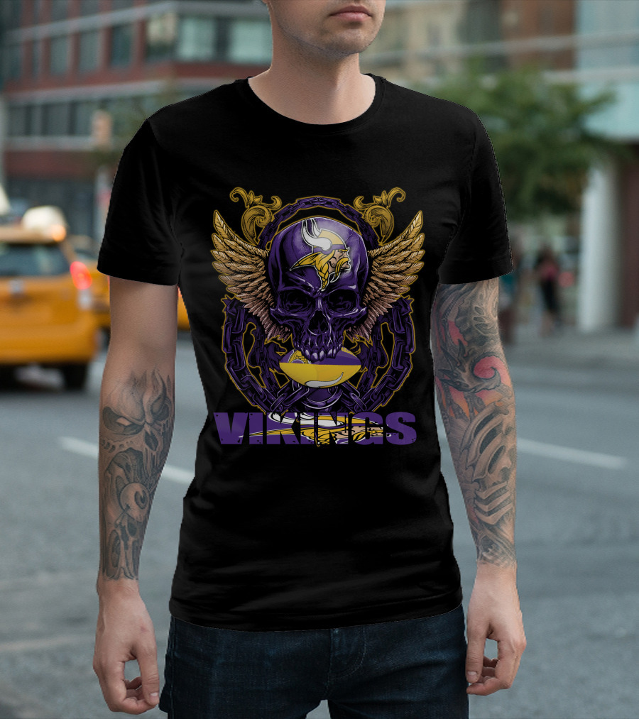 Skullfb Minnesota Vikings Winged Skull and Football Helmet T-Shirt