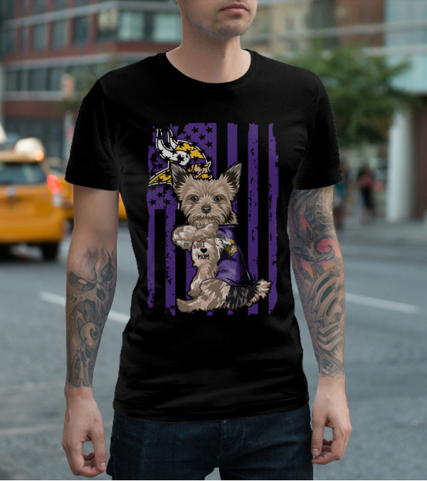 Yorkshire Terrier Wearing Minnesota Vikings I Love Mom Shirt With Viking Head And Purple Distressed Stripes Background T-Shirt