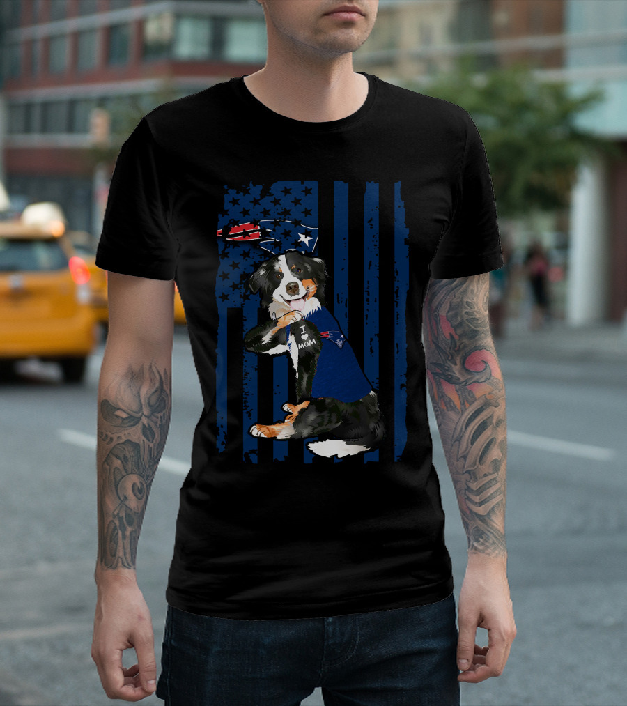 Border Collie I Love Mom New England Patriots USA Flag T-Shirt