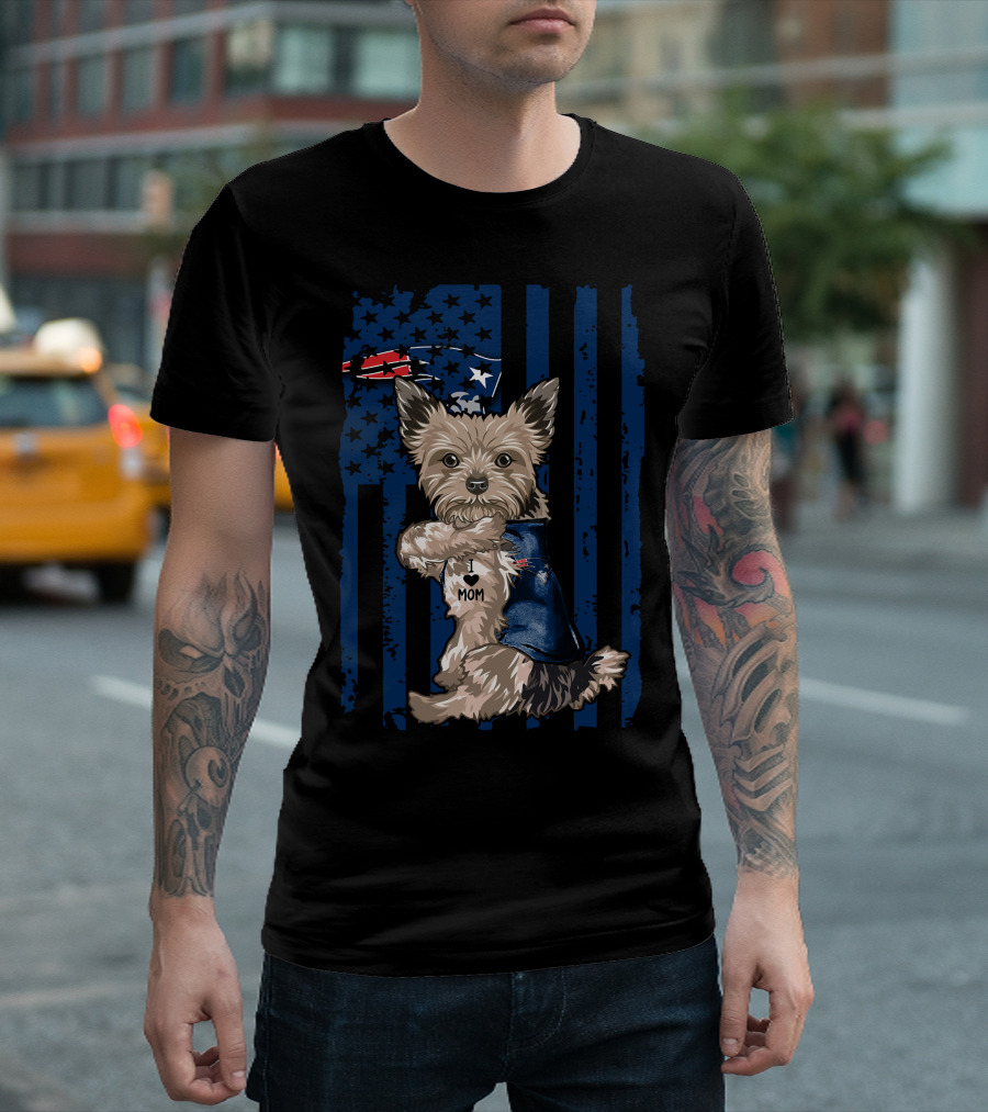Yorkshire Terrier with I Love Mom Vest and New England Patriots Themed Background T-Shirt