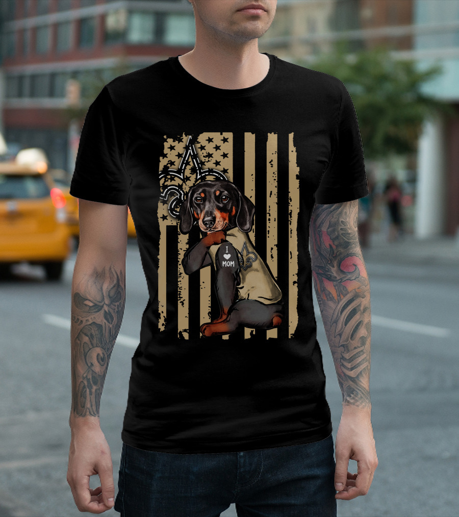 Dachshund I Love Mom New Orleans Saints Fleur-de-Lis Stars Stripes T-Shirt
