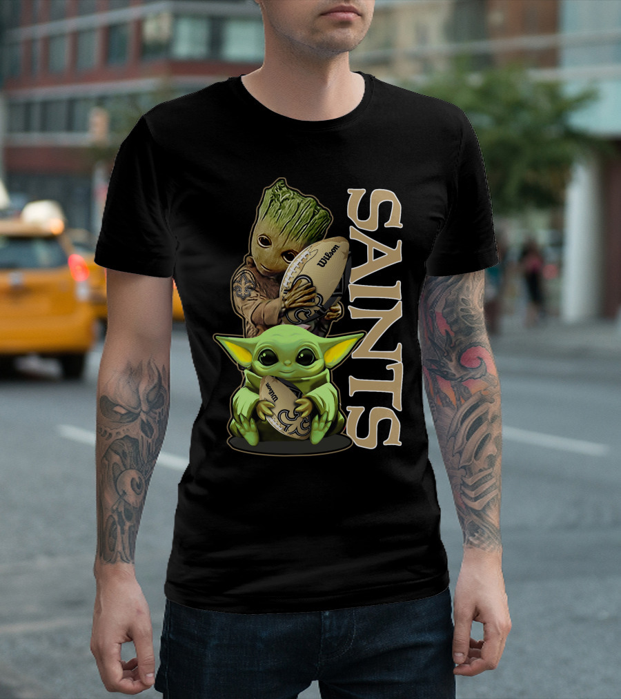 Grzd New Orleans Saints Groot And Baby Yoda Football T-Shirt