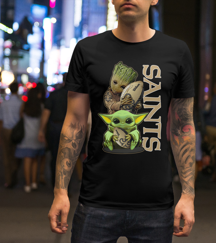 Grzd New Orleans Saints Groot And Baby Yoda Football T-Shirt