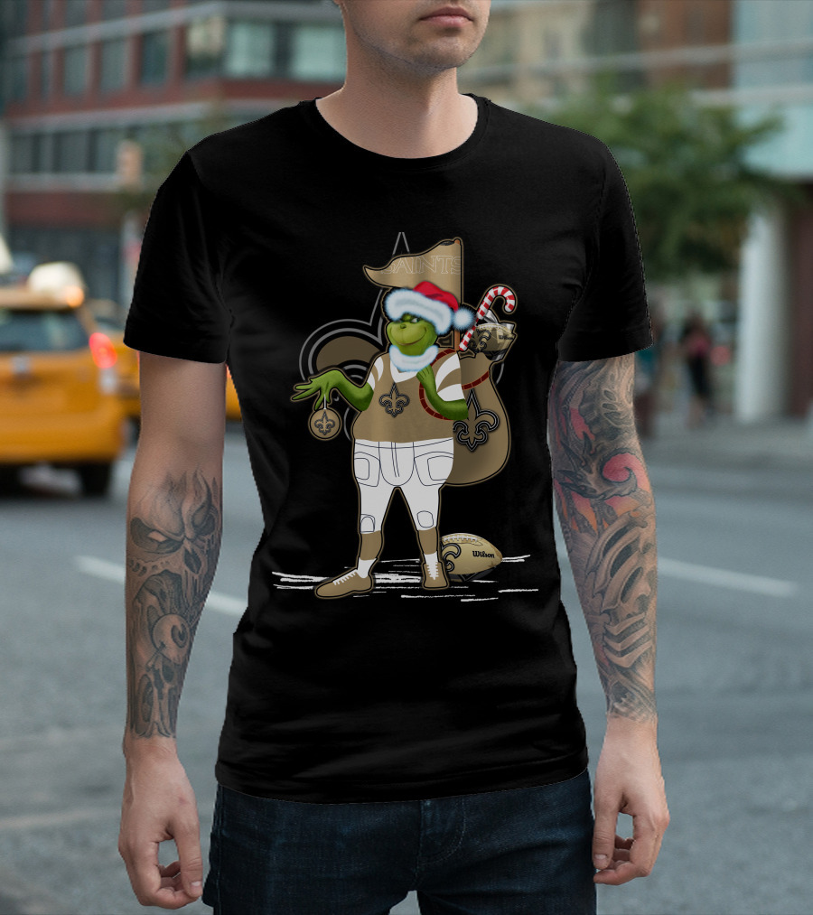 Grinchxmas New Orleans Saints Football Holiday Fun With Santa Hat And Fleur-de-Lis T-Shirt