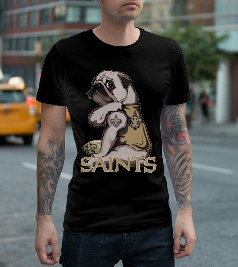 Pug Wearing New Orleans Saints Jersey with Fleur-de-Lis Tattoo and Football T-Shirt