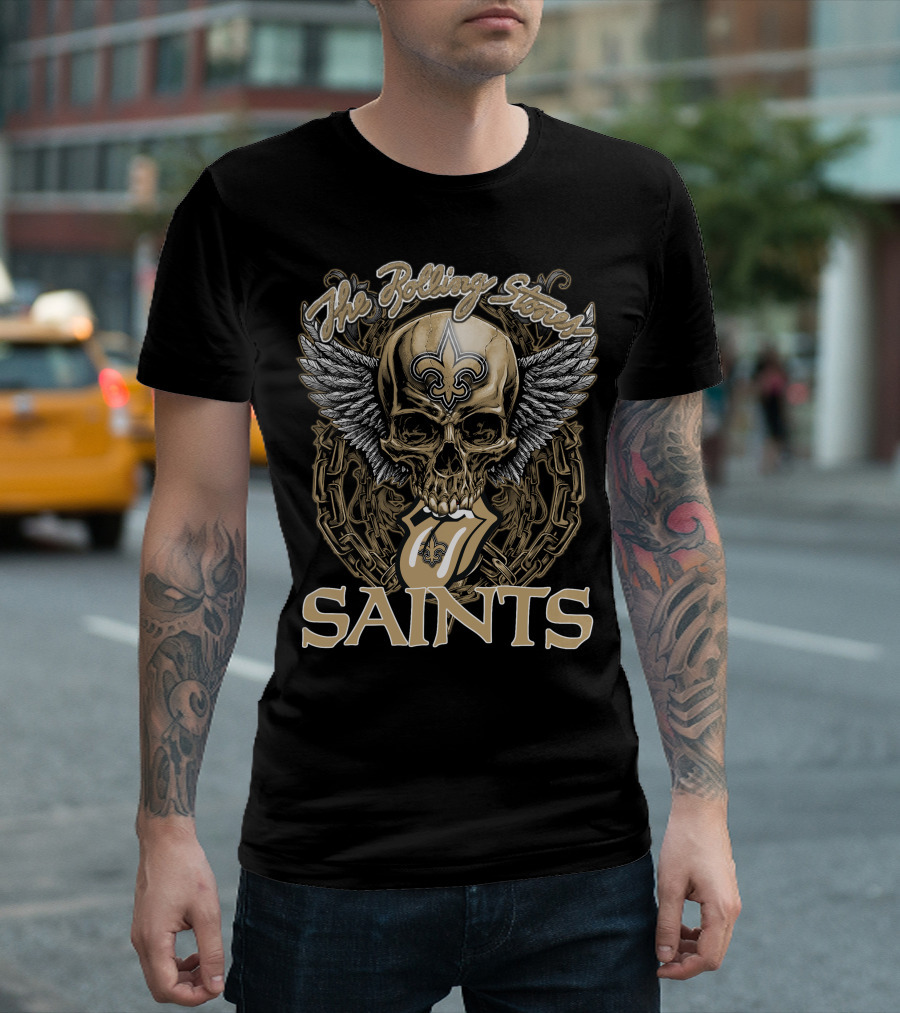 The Rolling Stones New Orleans Saints Skull And Winged Logo With Fleur-De-Lis And Tongue Chain T-Shirt
