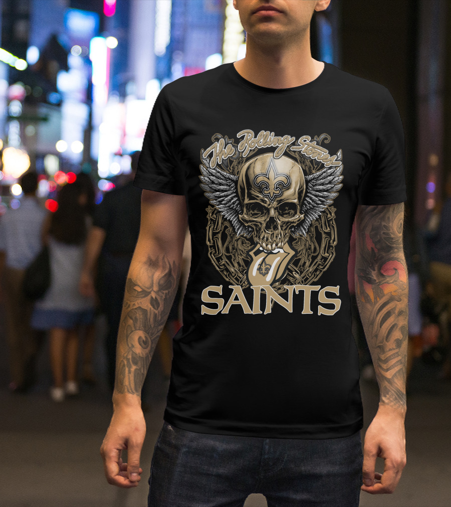 The Rolling Stones New Orleans Saints Skull And Winged Logo With Fleur-De-Lis And Tongue Chain T-Shirt