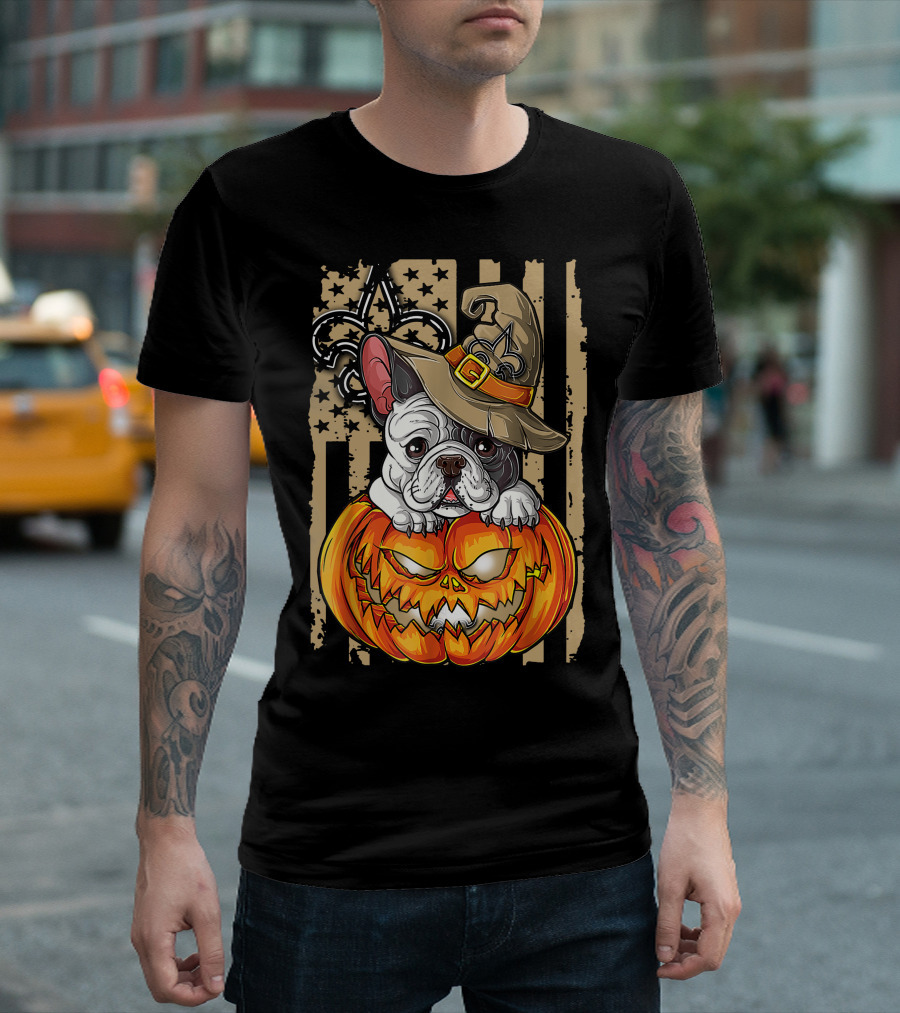 Hlw Bulldog New Orleans Saints Halloween Pumpkin Fleur-de-Lis T-Shirt