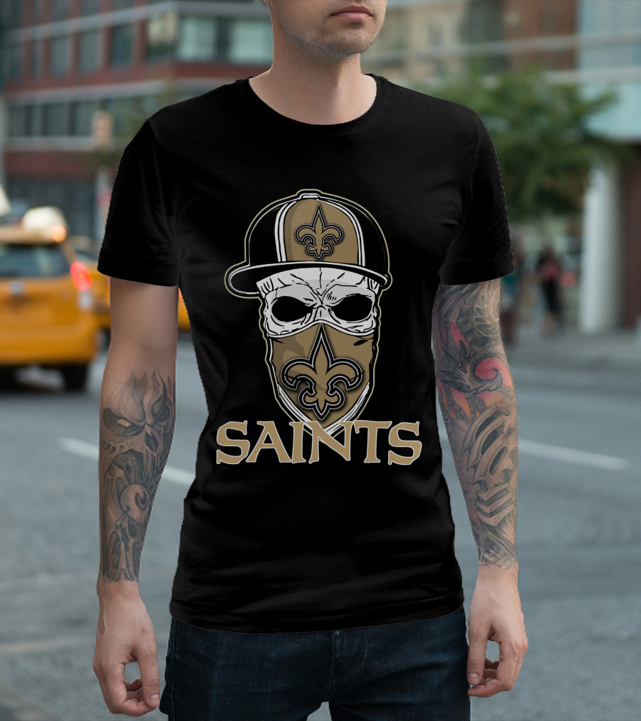 Skull Wearing Fleur-de-Lis Cap Mask New Orleans Saints T-Shirt