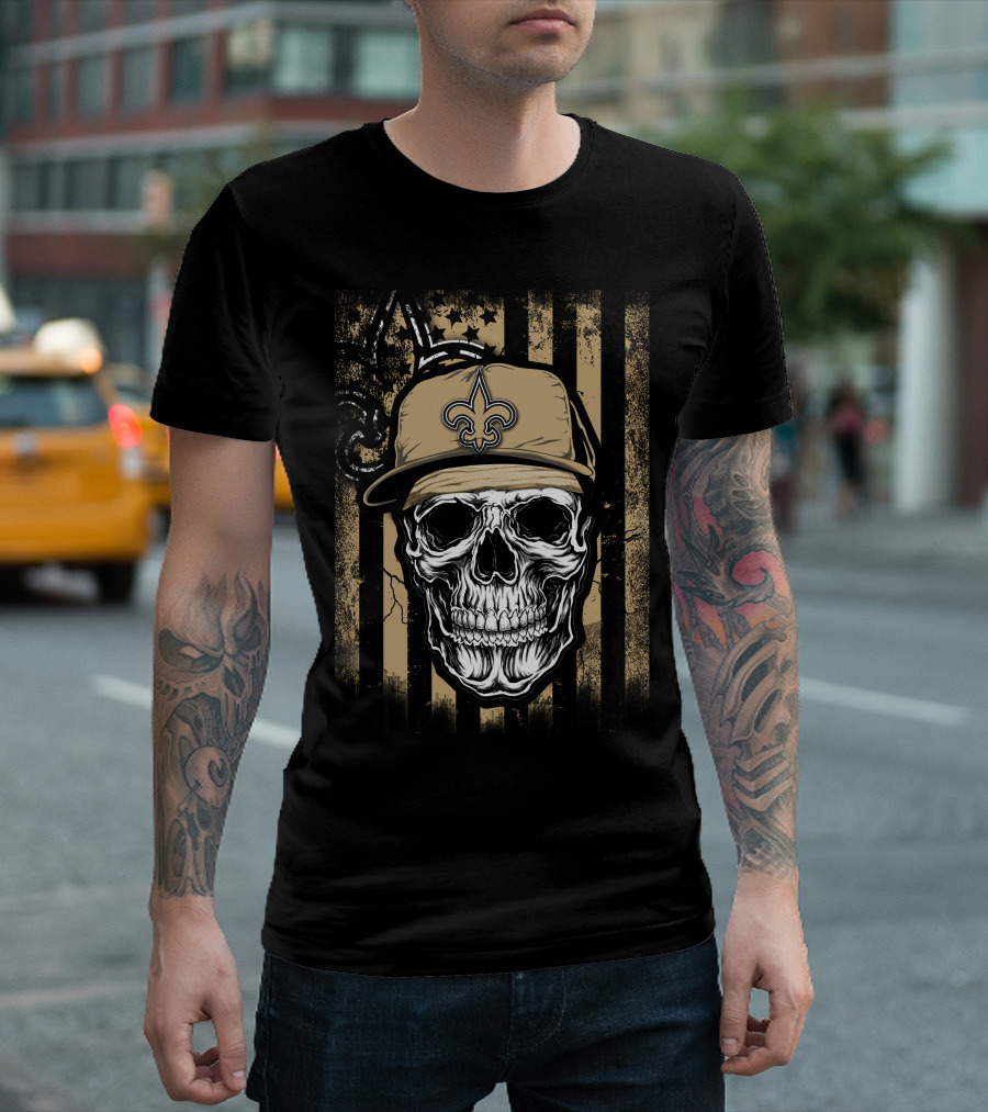 New Orleans Saints Skull with Fleur-de-lis Hat T-Shirt