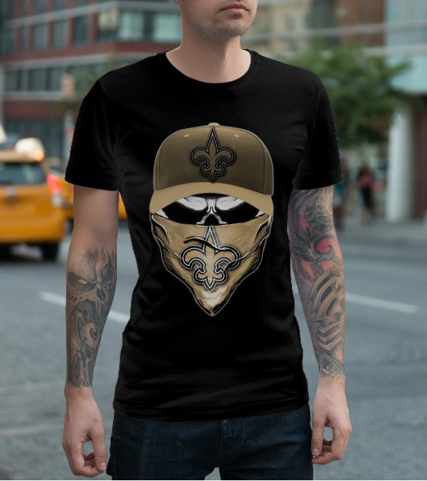 Skull V6 New Orleans Saints Fleur-de-Lis Mask And Cap T-Shirt