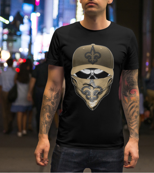 Skull V6 New Orleans Saints Fleur-de-Lis Mask And Cap T-Shirt
