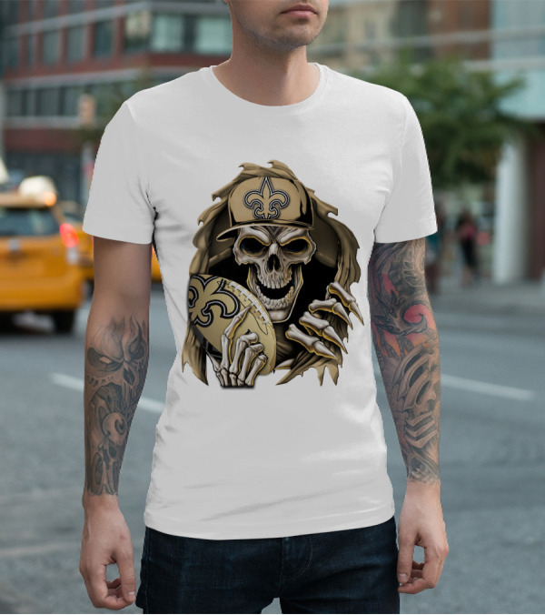 Skullbong New Orleans Saints Skeleton Holding Football With Fleur-de-Lis Cap T-Shirt