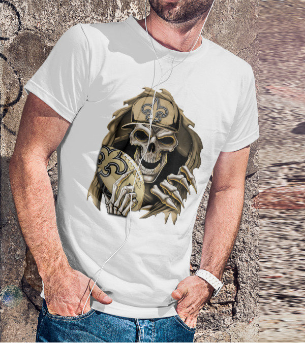 Skullbong New Orleans Saints Skeleton Holding Football With Fleur-de-Lis Cap T-Shirt