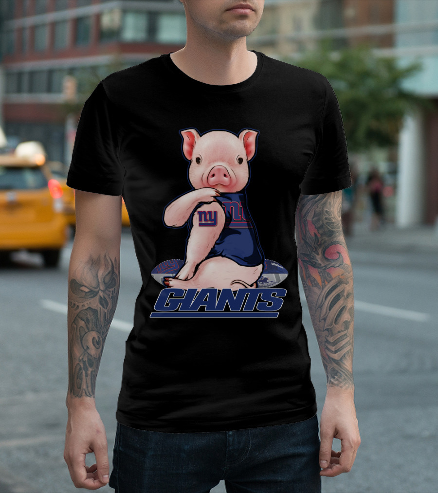 Pig Wearing New York Giants Jersey Sitting On Football Giants T-Shirt