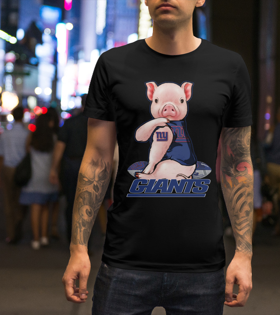 Pig Wearing New York Giants Jersey Sitting On Football Giants T-Shirt