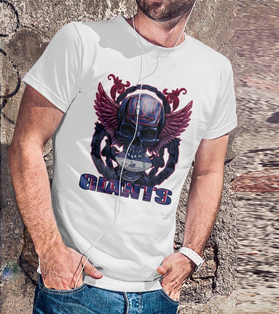 Skullfb New York Giants Winged Skull Design With Football Helmet And Chains T-Shirt