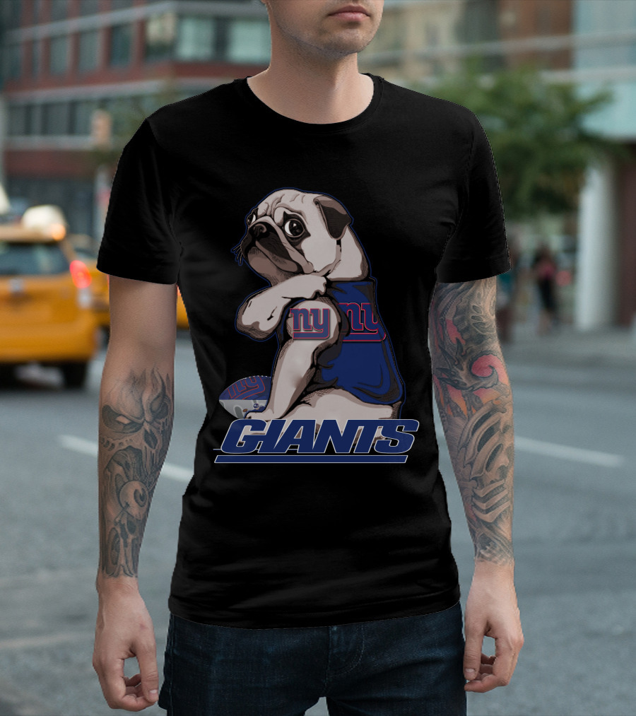 Pug Wearing New York Giants Jersey with Football T-Shirt
