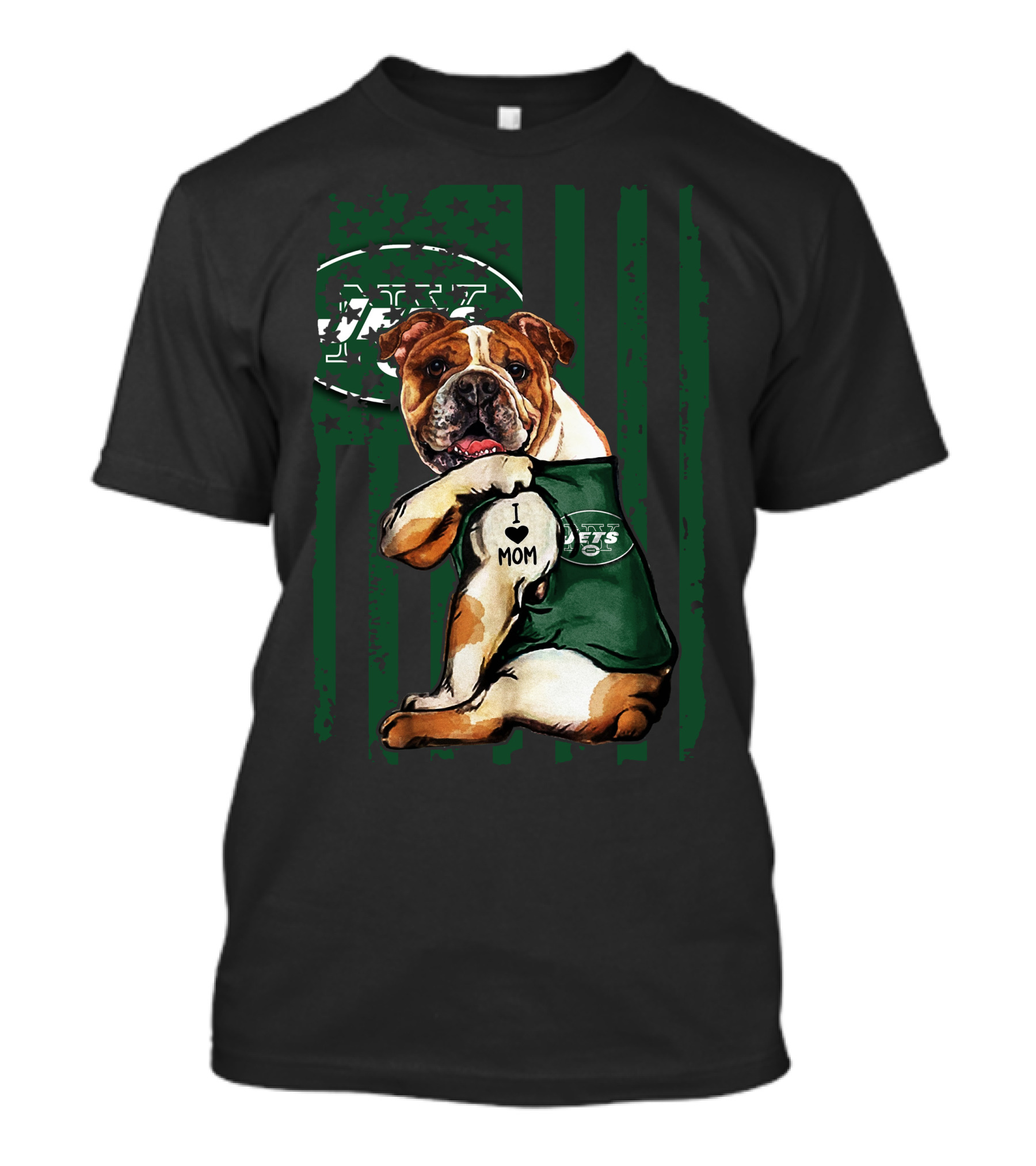 Bulldog In New York Jets Shirt With I Love Mom Tattoo T-Shirt