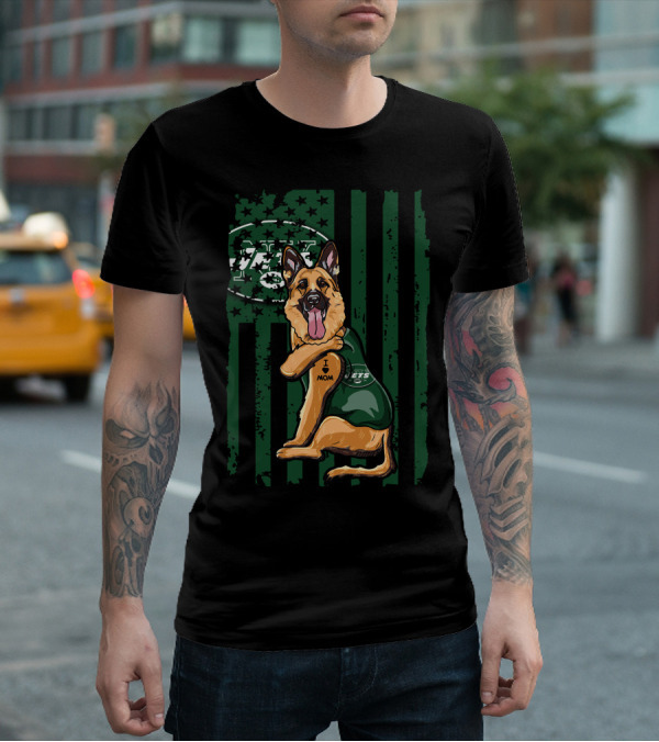 German Shepherd I Love Mom New York Jets Fan USA Flag T-Shirt