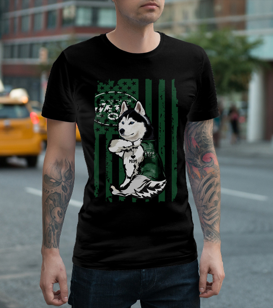 Siberian Husky I Love Mom New York Jets Fan Flag T-Shirt