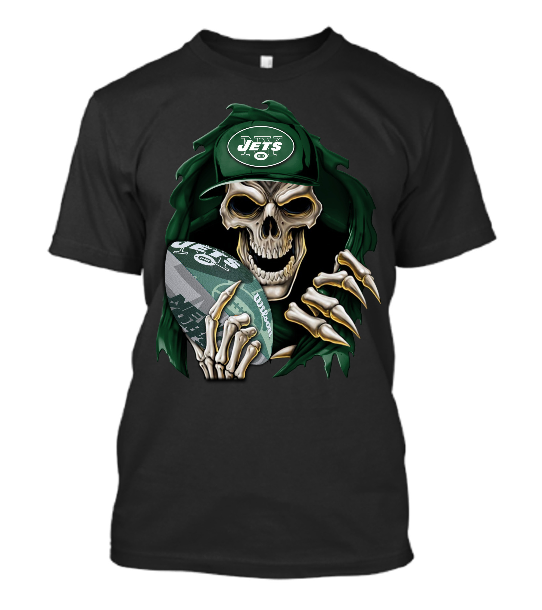 Skullbong New York Jets Skull Holding Football Always High In Green Cloak And Cap T-Shirt