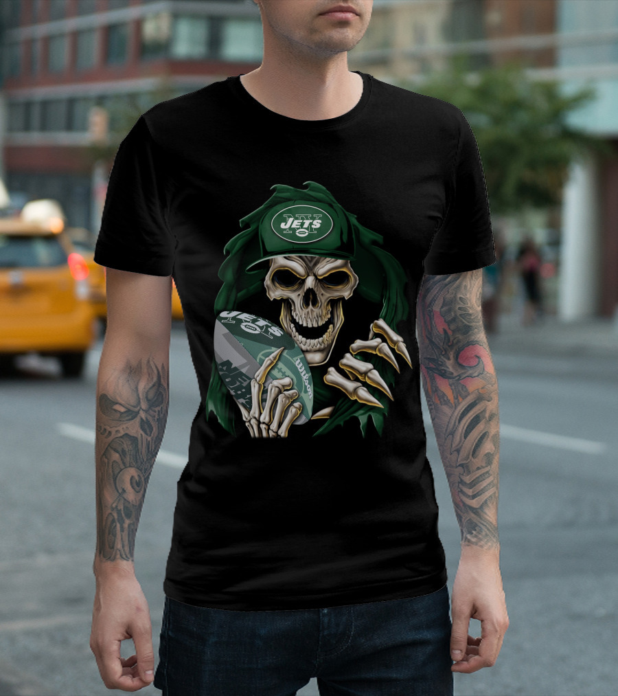 Skullbong New York Jets Skull Holding Football Always High In Green Cloak And Cap T-Shirt