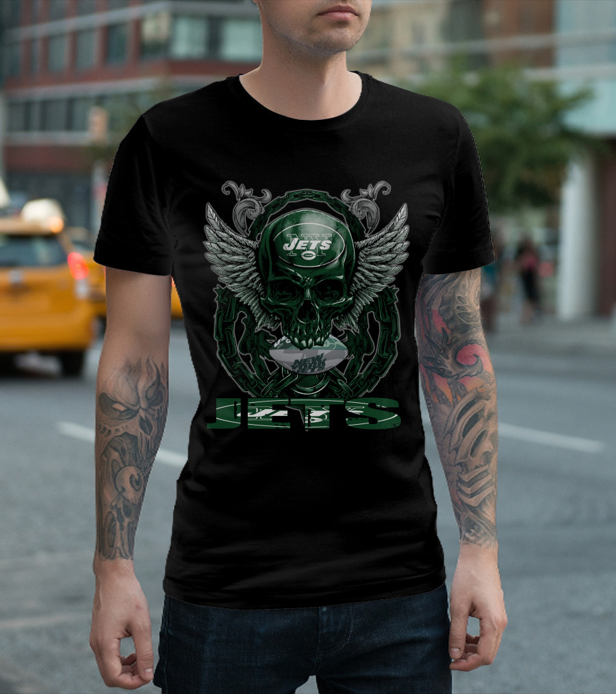 Skullfb New York Jets Skull with Wings and Chains Design Jets Football T-Shirt
