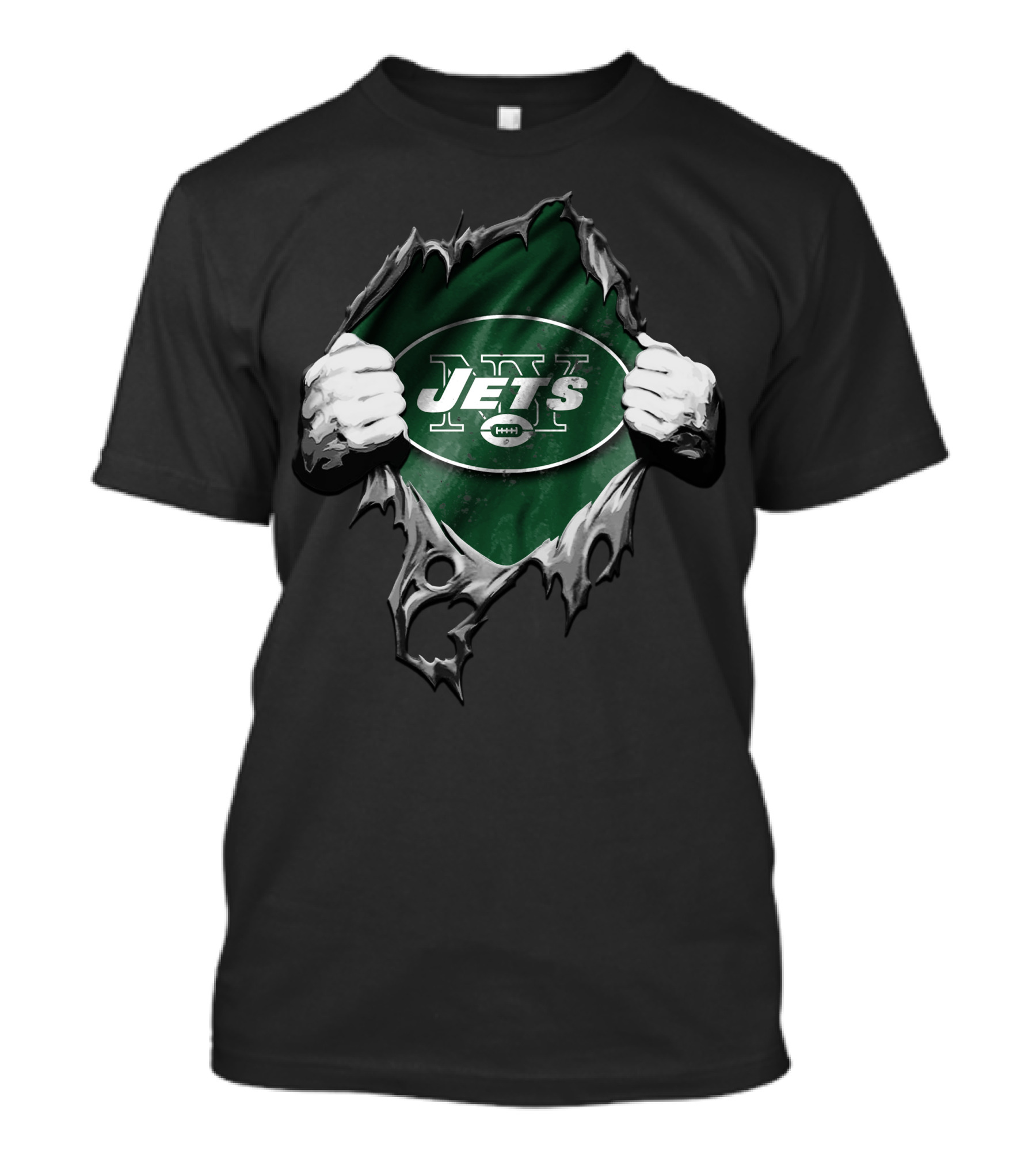 Torn V2 New York Jets Logo Green Background Hands Pulling Open T-Shirt