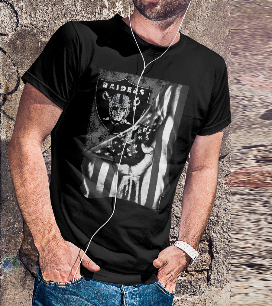 Raiders Shield With American Flag And Hand Holding Stars Grayscale T-Shirt