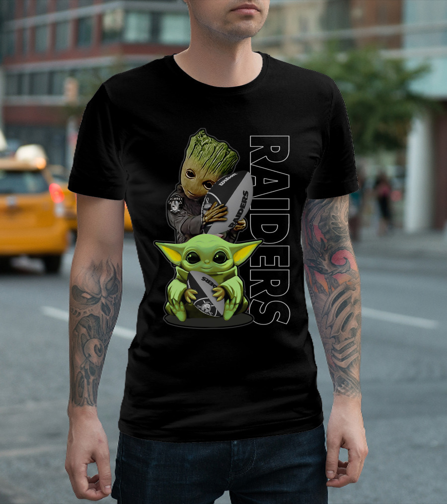 Grzd Oakland Raiders Groot Baby Yoda Football T-Shirt