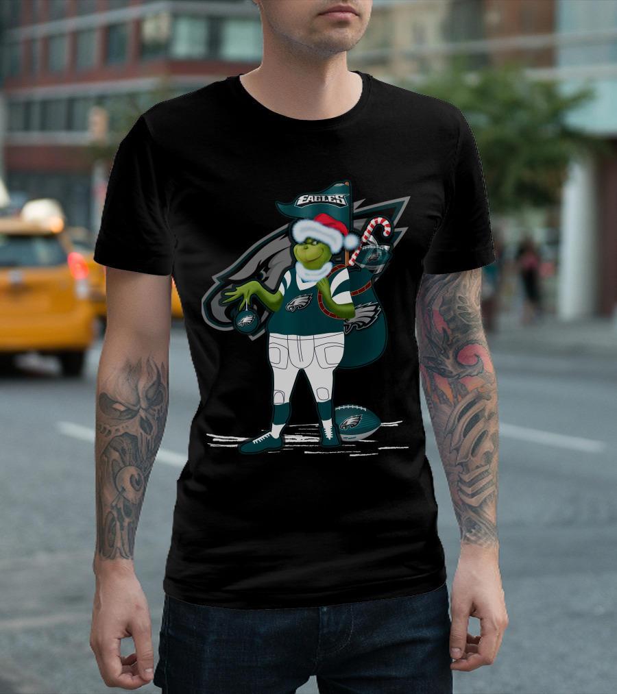 Grinchxmas Philadelphia Eagles Santa Hat Football T-Shirt