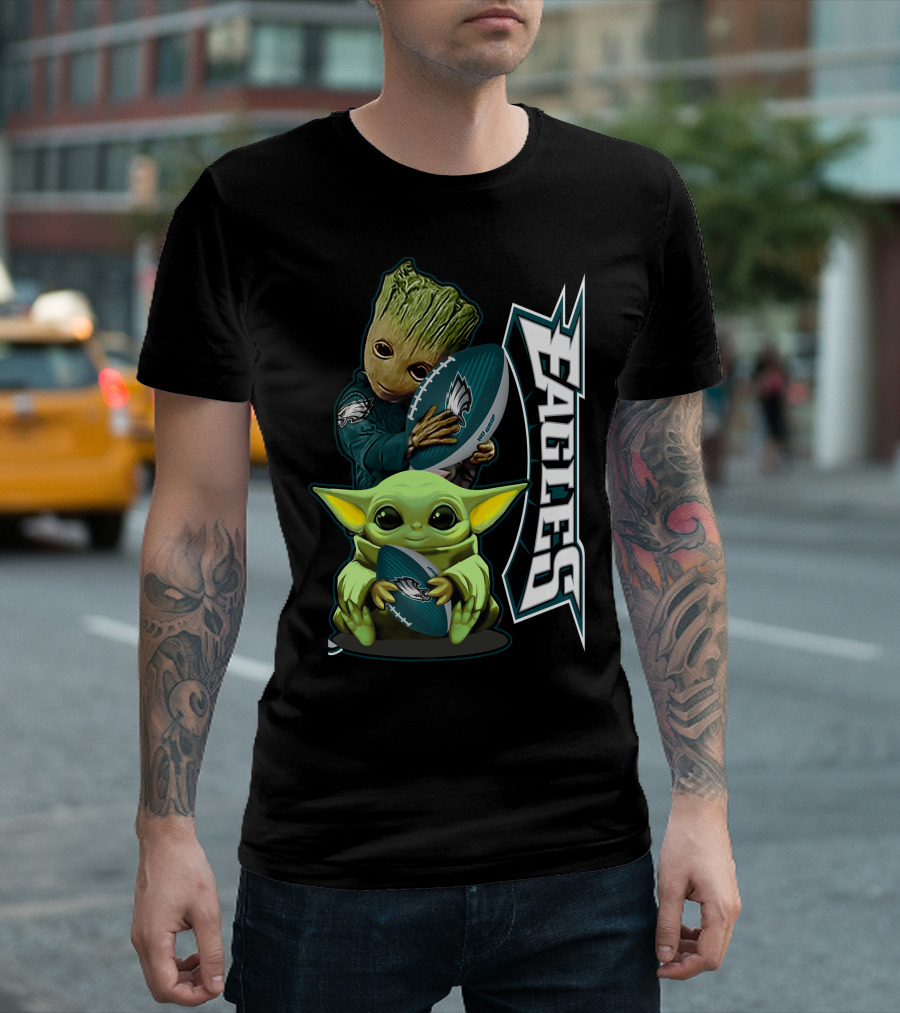 Grzd Philadelphia Eagles Groot Baby Yoda Football T-Shirt