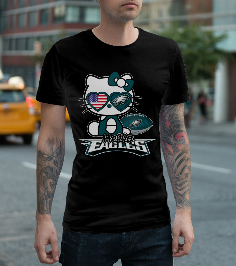 Hello Kitty Philadelphia Eagles Football USA Flag T-Shirt