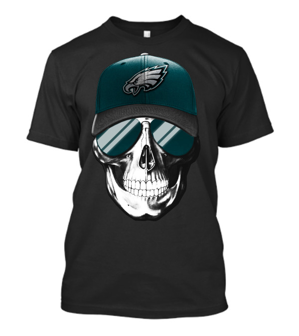 Skull Wearing Philadelphia Eagles Logo Hat And Sunglasses T-Shirt