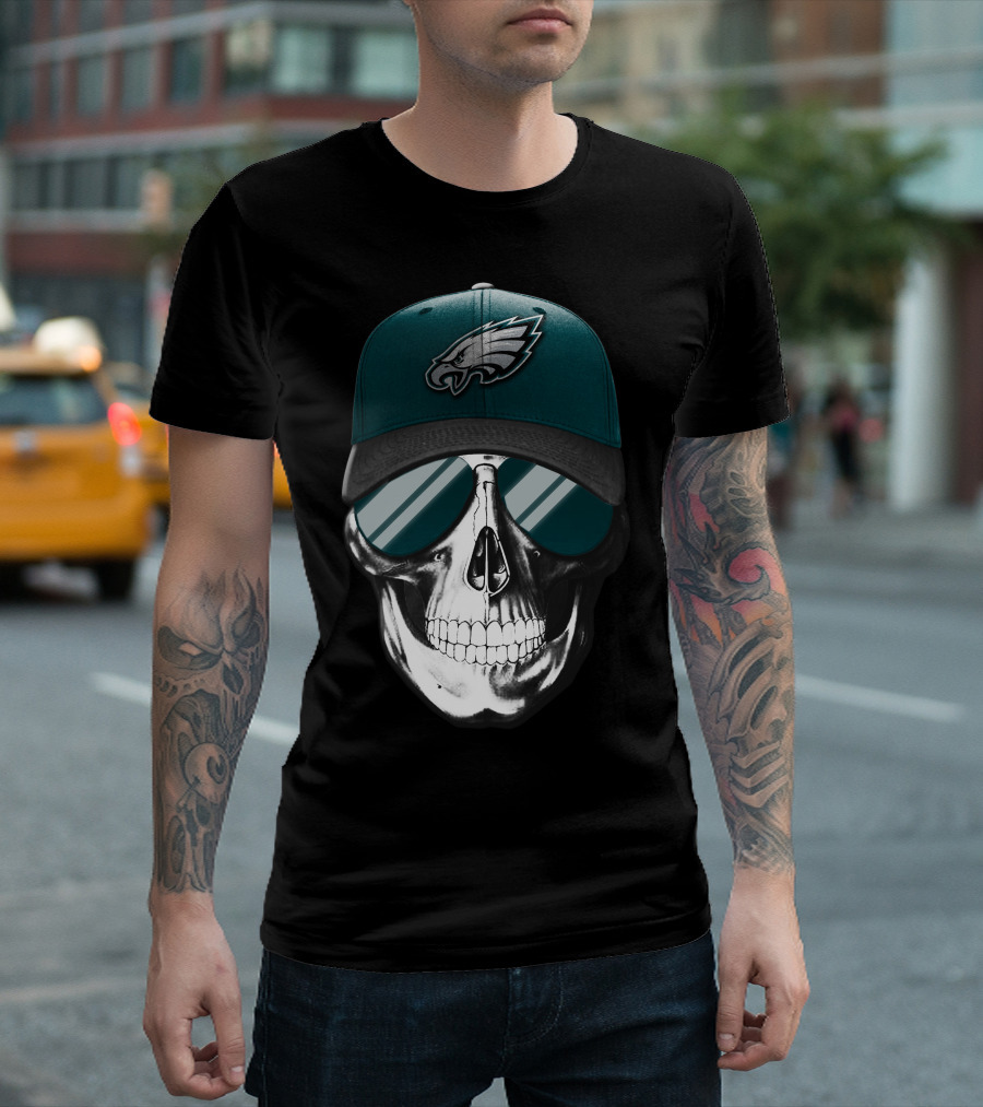 Skull Wearing Philadelphia Eagles Logo Hat and Sunglasses T-Shirt