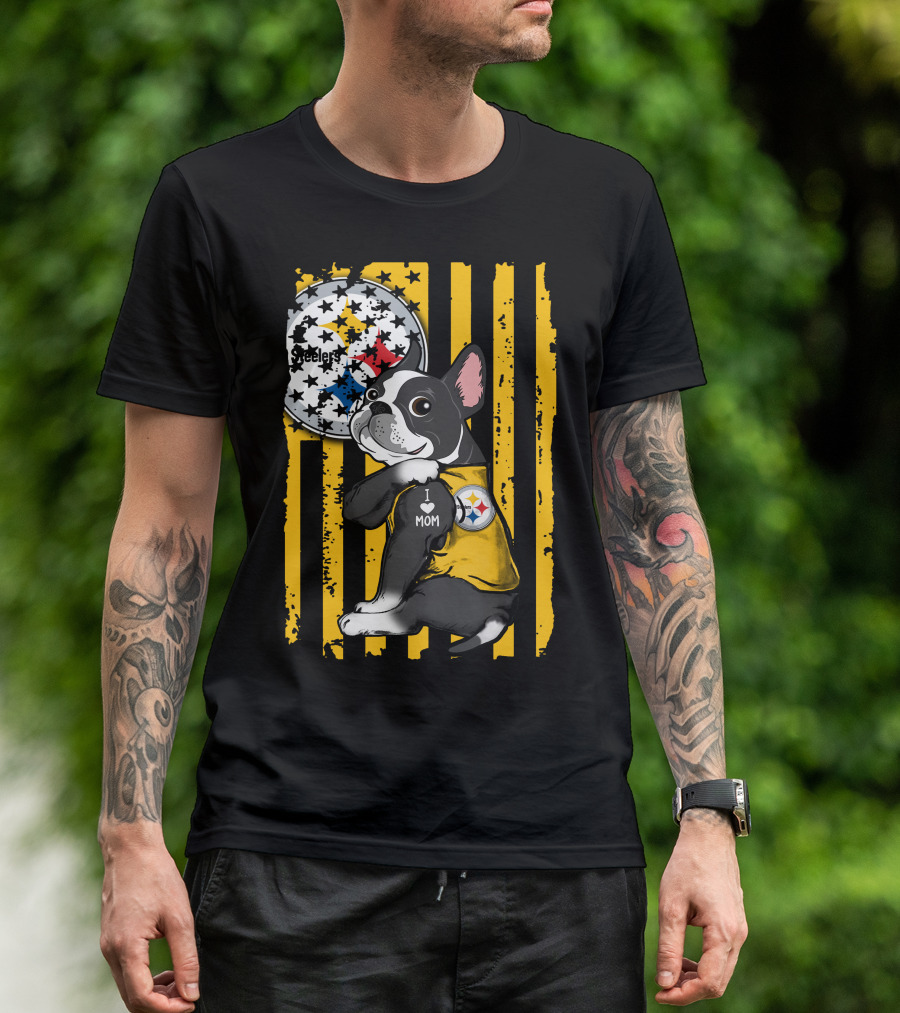 Boston Terrier I Love Mom Pittsburgh Steelers T-Shirt