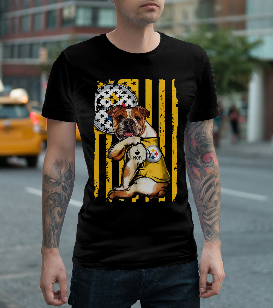 Pittsburgh Steelers Bulldog I Love Mom Stripes T-Shirt
