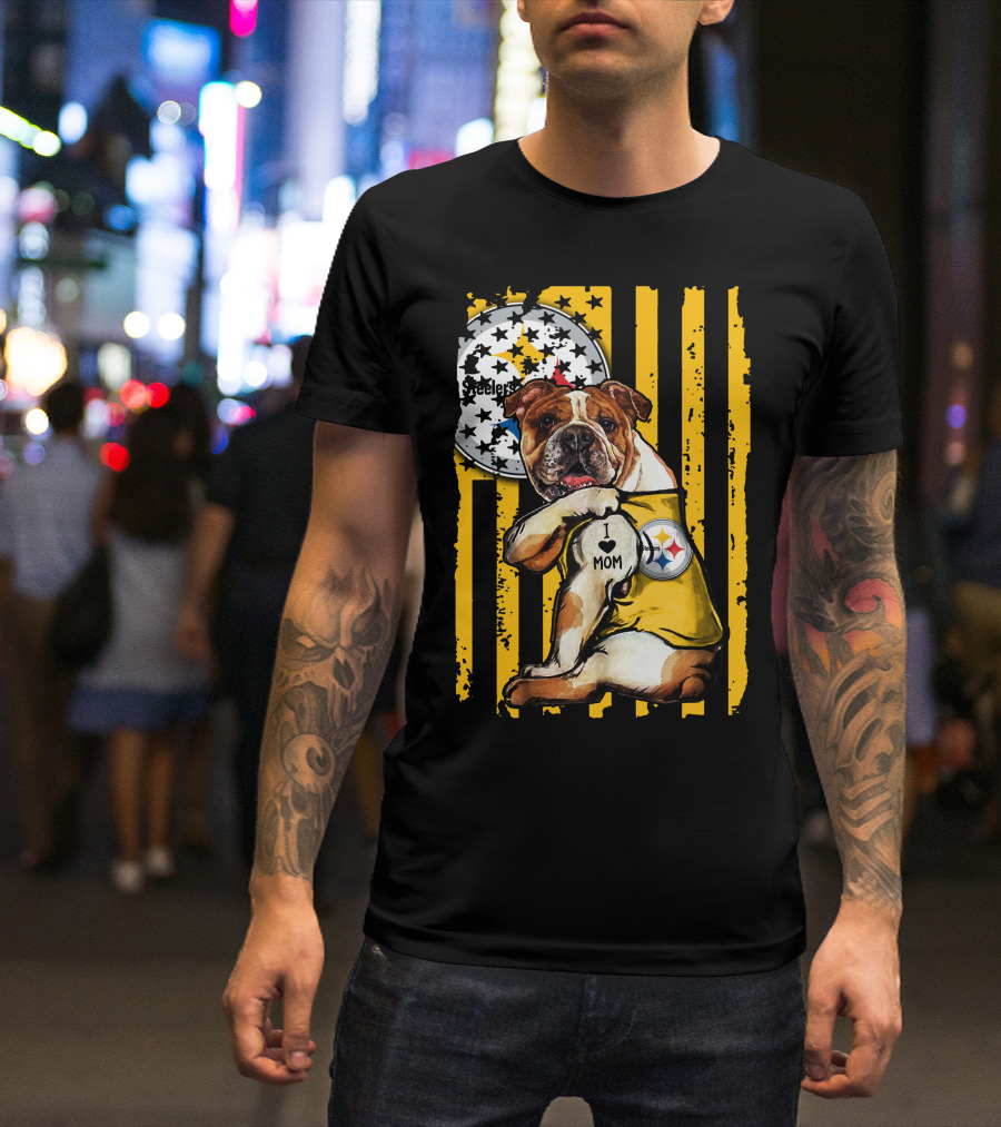Pittsburgh Steelers Bulldog I Love Mom Stripes T-Shirt