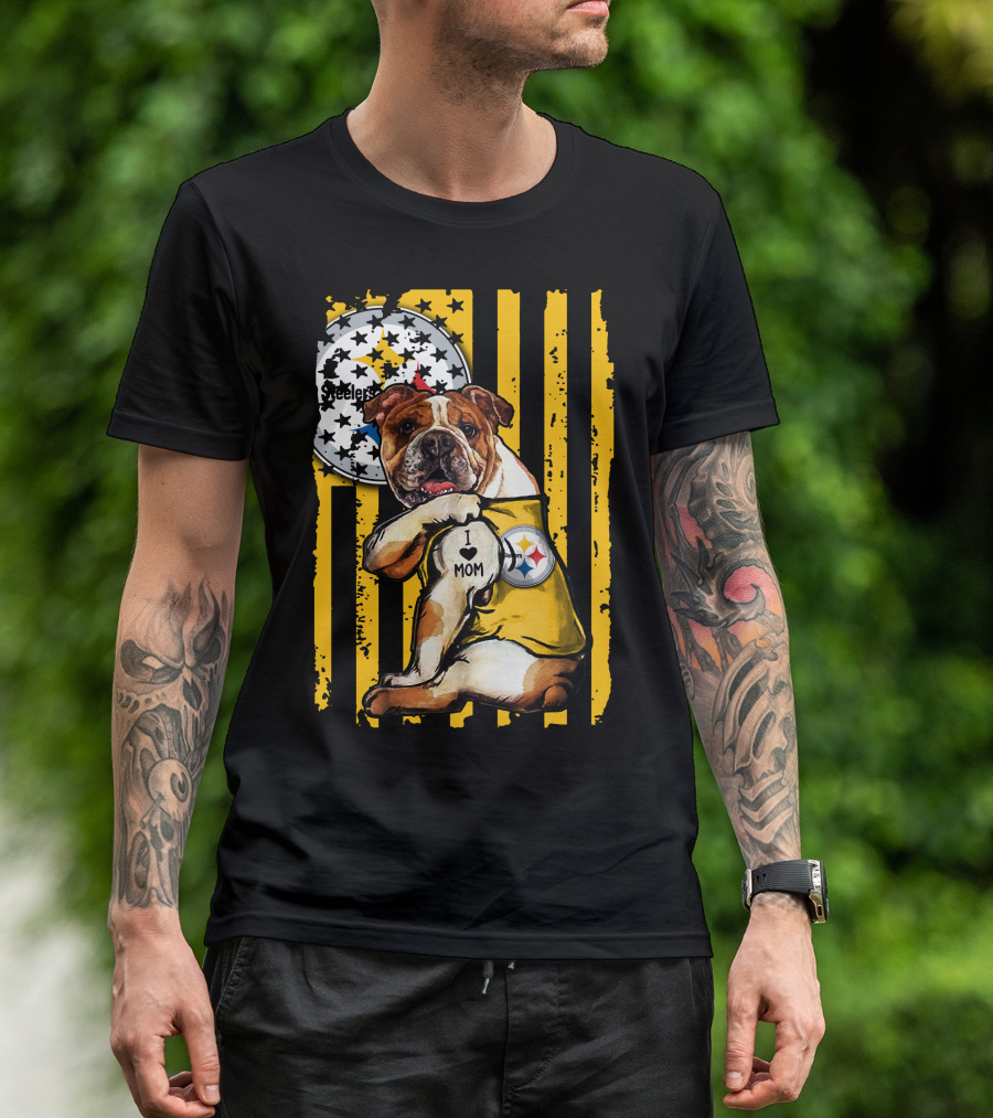 Pittsburgh Steelers Bulldog I Love Mom Stripes T-Shirt